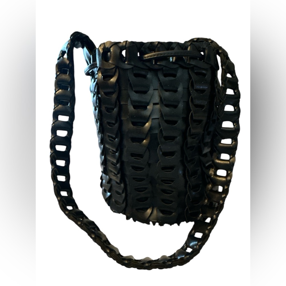 Vintage Woven Hobo Bucket Black Faux Leather